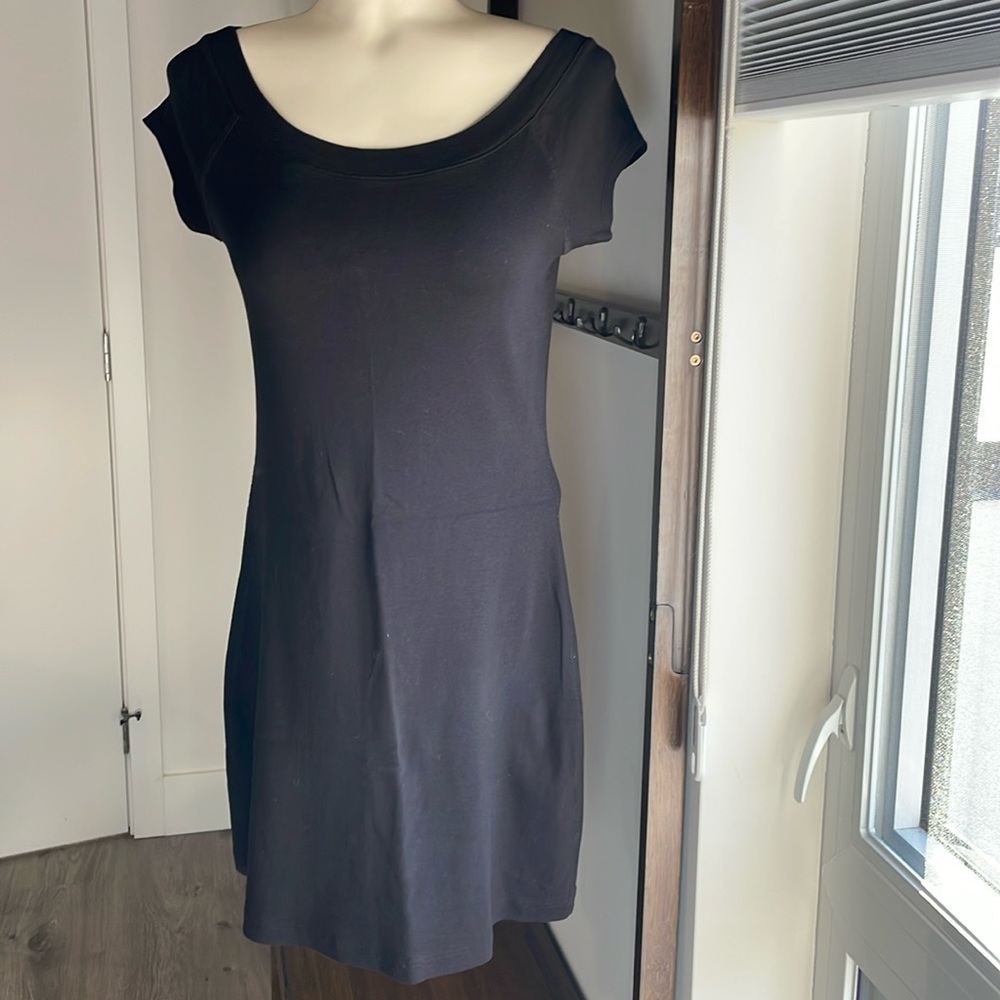Philosophy, Black Ribbed Cotton dress with rounded neck and capped sleeves.